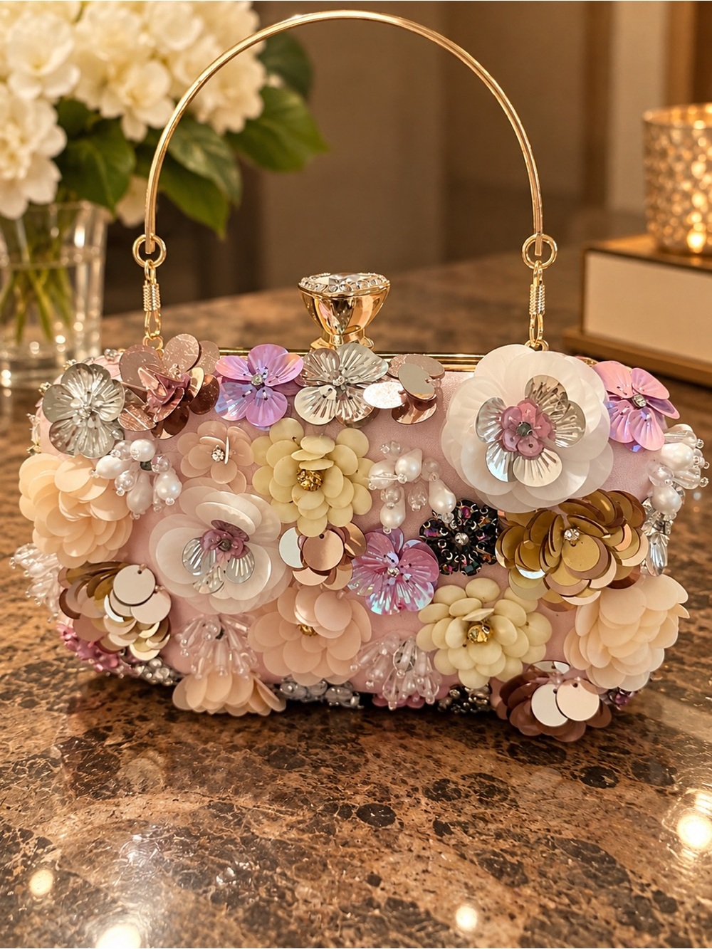 Embellished Floral Pink Evening Clutch